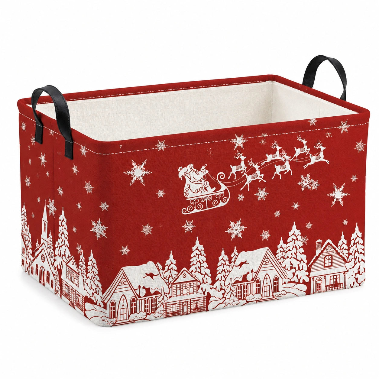 Cesto portoggetti 40 x 30 x 30 cm in tessuto rosso e bianco con manici stile invernale