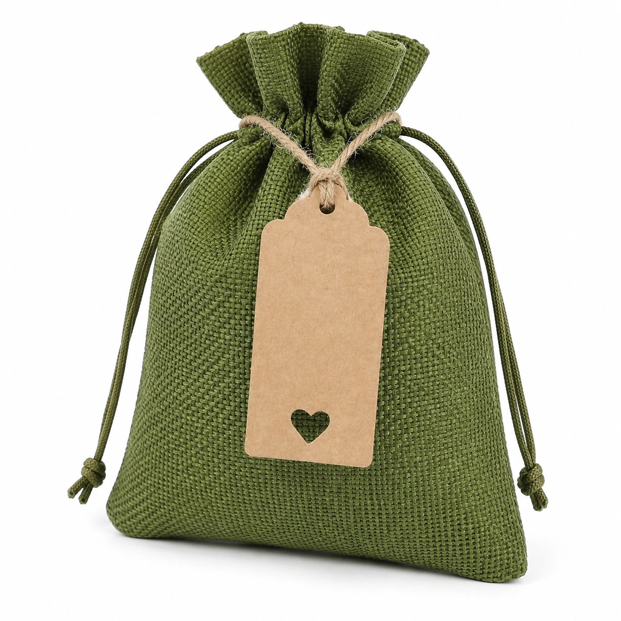 Sacchetto regalo 15 x 20 cm in tessuto effetto juta verde con chiusura a coulisse stile rustico