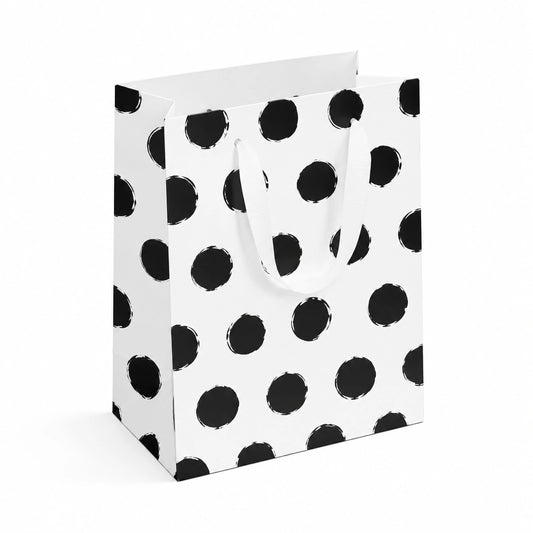 Sacchetto regalo in carta 26 x 12 x 32 cm bianco e nero a pois con manici