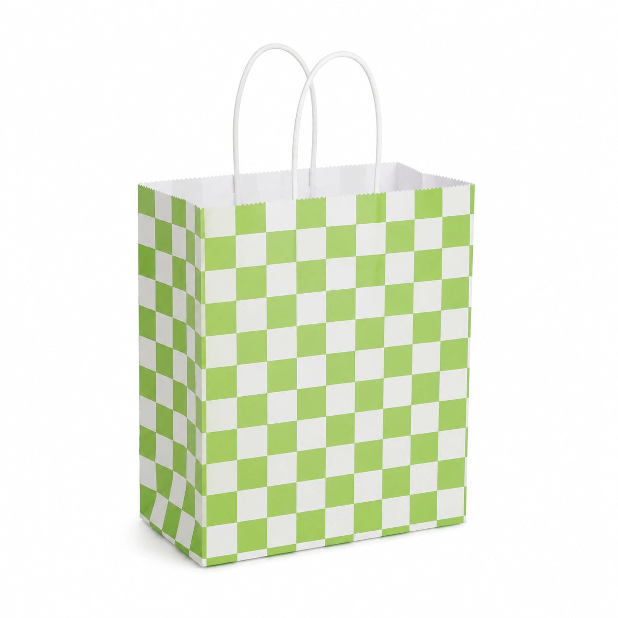 Sacchetto regalo in carta 26 x 12 x 32 cm verde e bianco con manici - motivo a scacchi