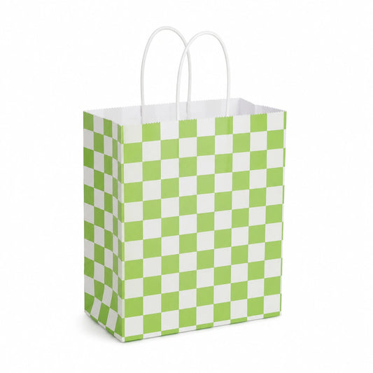 Sacchetto regalo in carta 26 x 12 x 32 cm verde e bianco con manici - motivo a scacchi