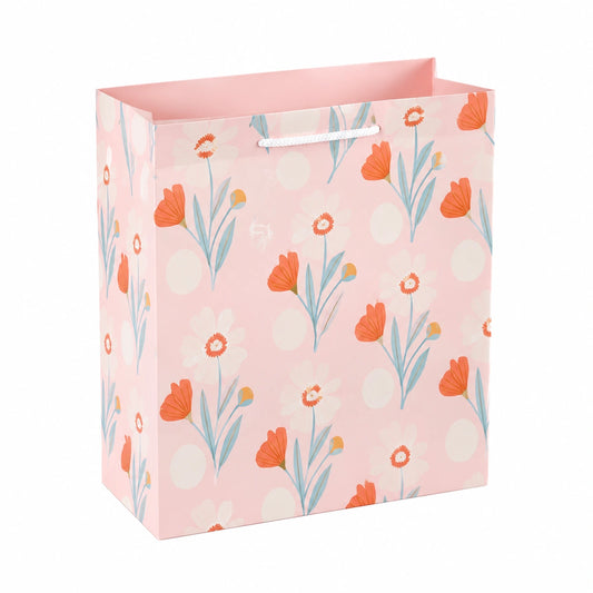 Sacchetto regalo 26 x 12 x 32 cm in carta rosa con motivo floreale e manici in corda