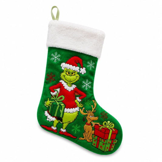 Calza natalizia 45 cm in tessuto peluche verde con personaggio festivo e gancio da appendere