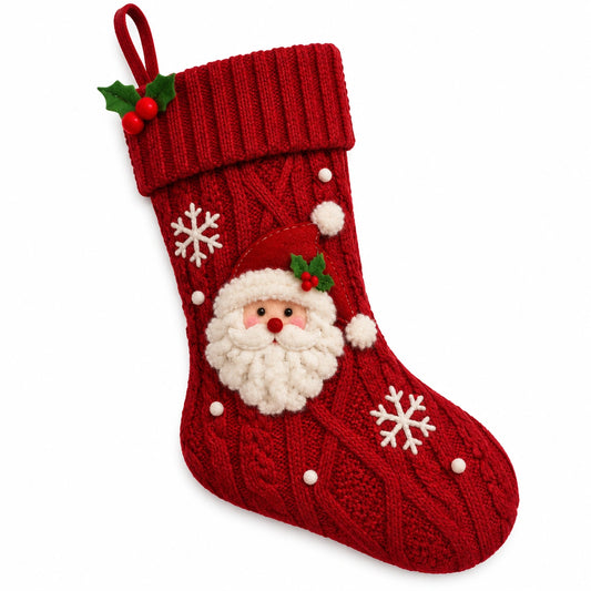 Calza natalizia decorativa 45 x 25 cm in tessuto lavorato rosso con appendino e Babbo Natale