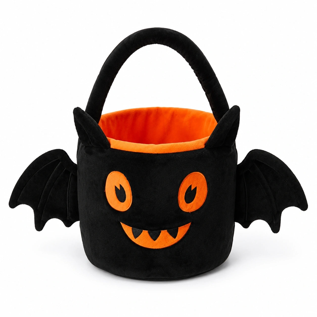 Cestino portadolci 22 x 20 cm in peluche nero e arancione con manico - motivo pipistrello
