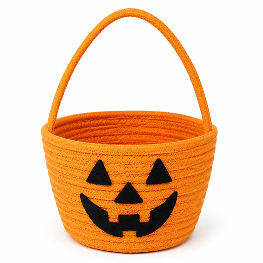 Cestino portaoggetti 25 cm in tessuto arancione con manico e motivo zucca