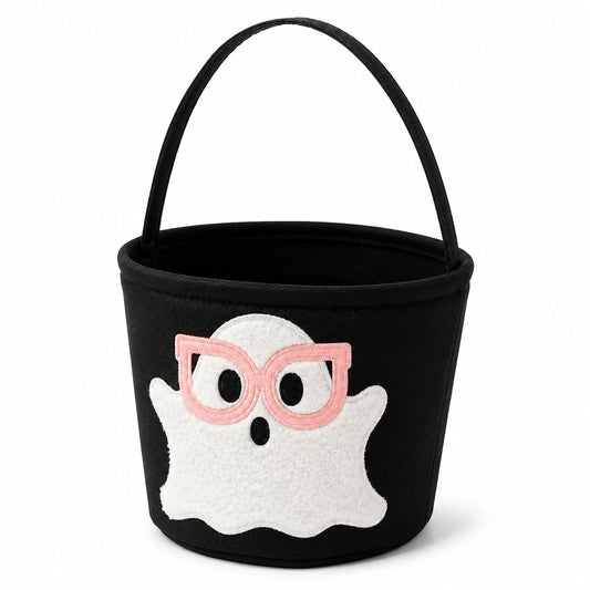 Cestino portaoggetti rotondo 20 x 18 cm in tessuto nero con manico e applicazione fantasma