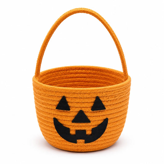 Cestino rotondo 20 x 15 cm in tessuto intrecciato arancione con manico per piccoli oggetti stile zucca