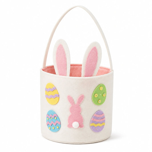 Cestino pasquale rotondo in feltro bianco e rosa 20 x 20 cm con manico e decorazioni coniglio