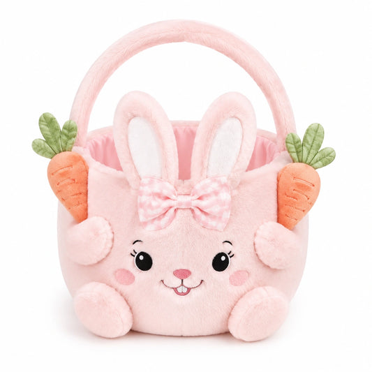 Cestino pasquale 25 x 18 x 30 cm in peluche rosa con manico - portadolci con coniglio
