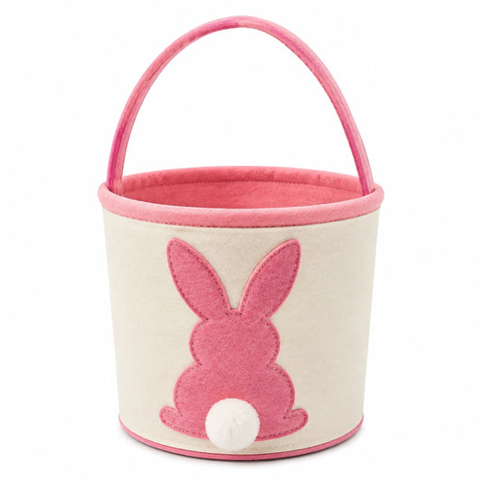 Cestino pasquale rotondo 20 cm in feltro beige e rosa con manico e coniglio decorativo
