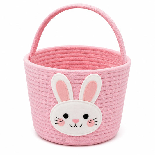 Cesto portaoggetti rotondo 25 cm in cotone rosa con manico motivo coniglio