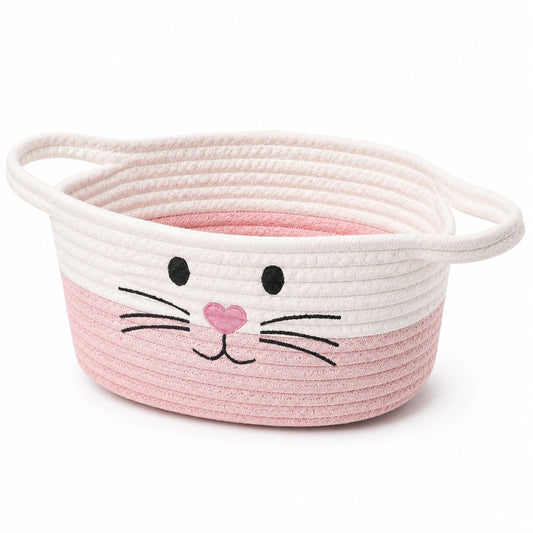 Cestino portatutto ovale 35 x 25 x 20 cm in cotone rosa e bianco con manici e motivo gatto