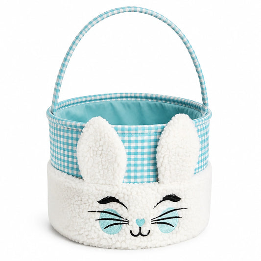 Cesto portaoggetti rotondo Ø25 x 18 cm in tessuto bianco e turchese con manico stile animale