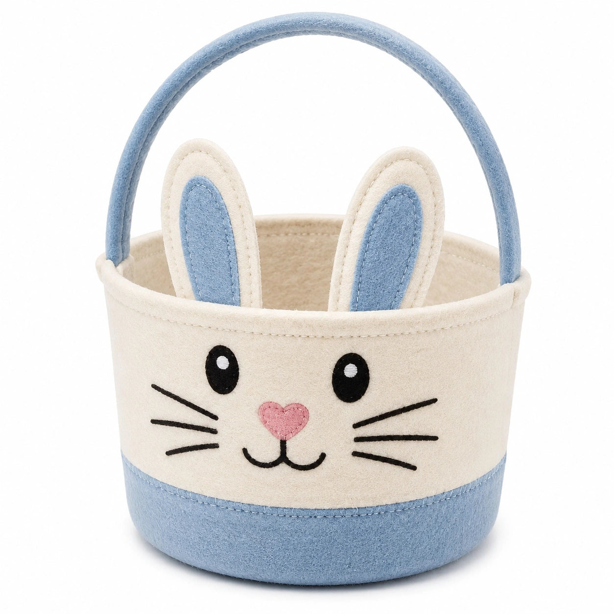 Cestino portaoggetti rotondo 20 x 18 cm in feltro blu e crema con manico stile coniglio