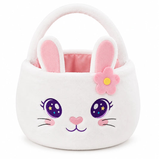 Cestino portaoggetti 30 x 25 cm in peluche bianco e rosa con manici design coniglio