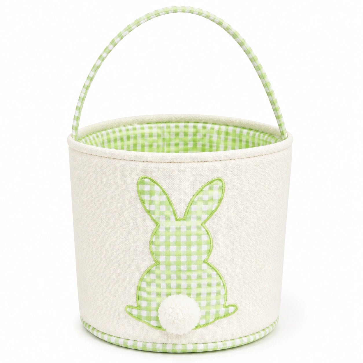 Cestino contenitore rotondo 25 x 23 cm in tessuto bianco e verde con manico e coniglio