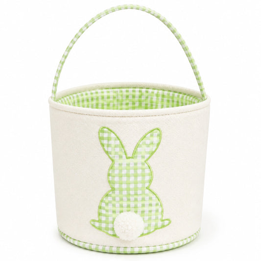 Cestino contenitore rotondo 25 x 23 cm in tessuto bianco e verde con manico e coniglio