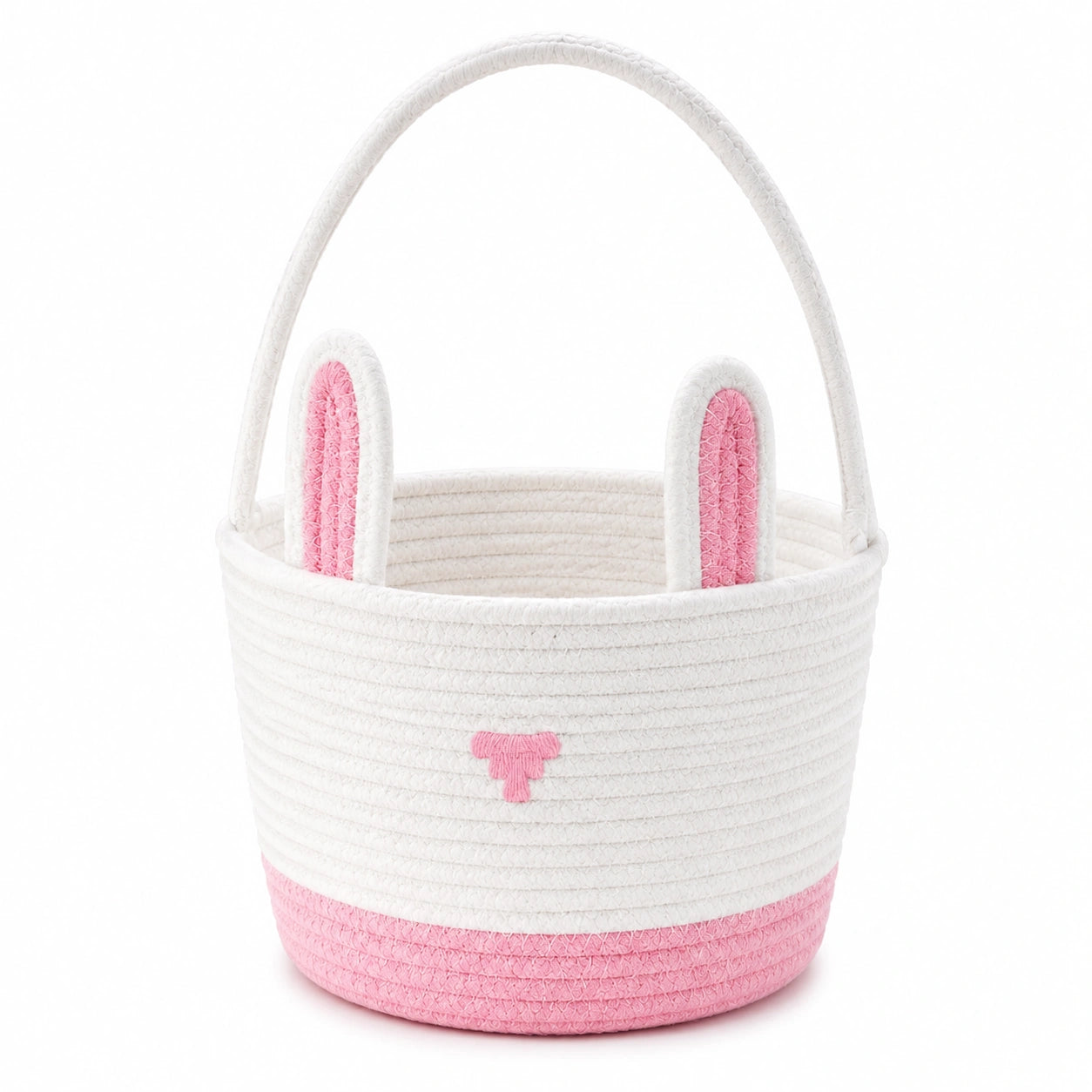 Cestino portaoggetti rotondo 25 x 20 cm in corda di cotone bianco e rosa con manico stile coniglio