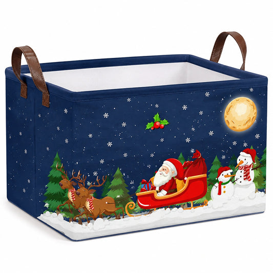Scatola portaoggetti 40 x 30 x 30 cm in tessuto blu con manici effetto pelle - pieghevole con fantasia invernale
