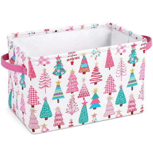 Cesto contenitore 38 x 25 x 25 cm in tessuto bianco con alberi di Natale e manici rosa