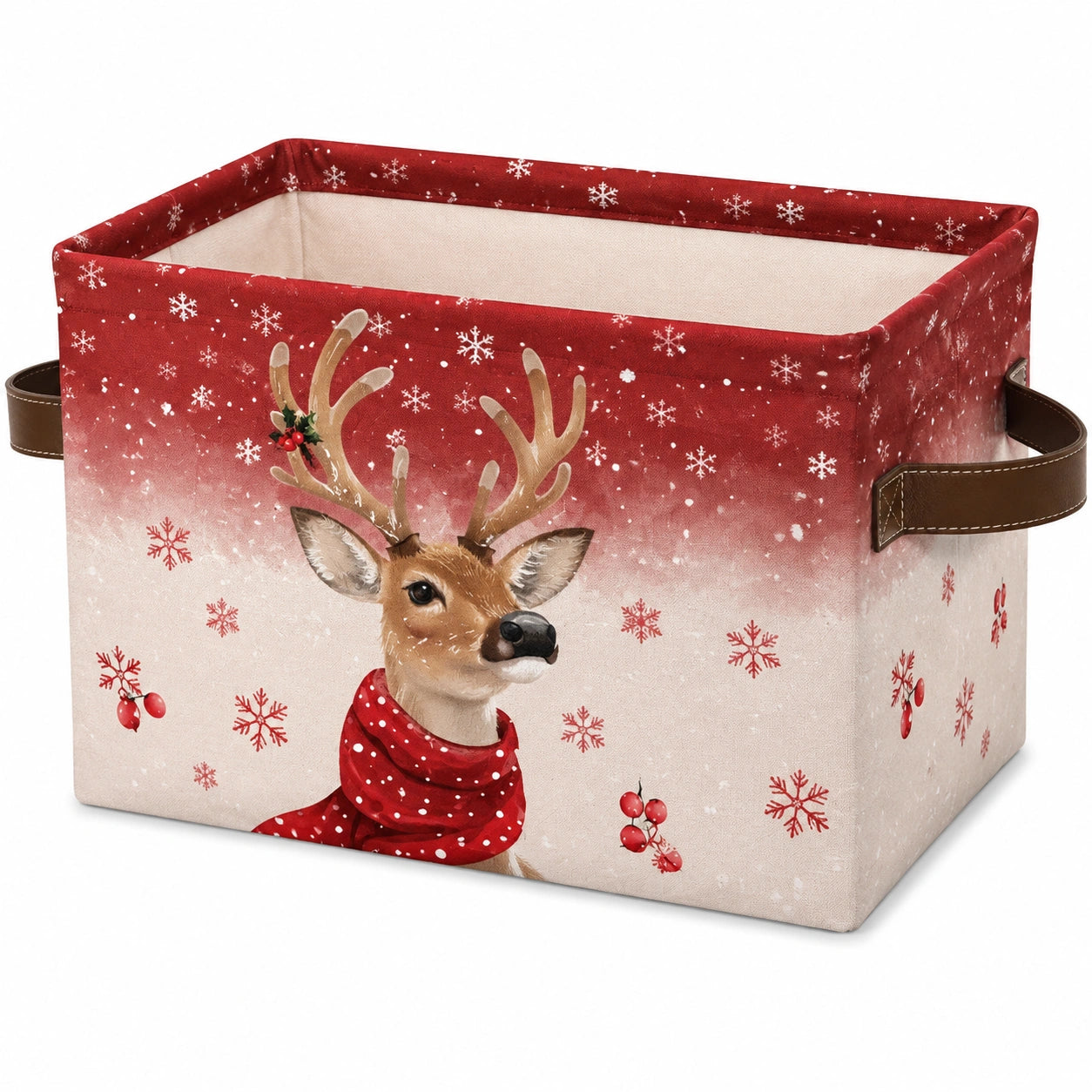 Contenitore portaoggetti 33 x 33 x 33 cm in tessuto rosso e beige con manici in similpelle - pieghevole decorazione natalizia
