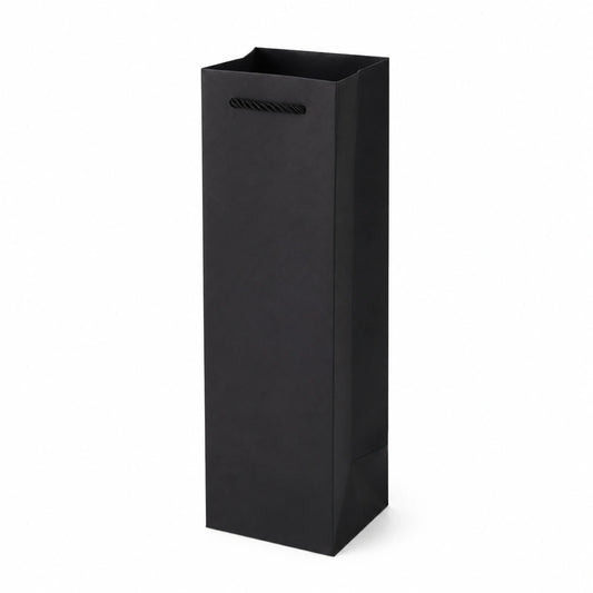 Sacchetto regalo per bottiglia 12 x 12 x 40 cm in carta nera con manici in cordoncino stile minimalista