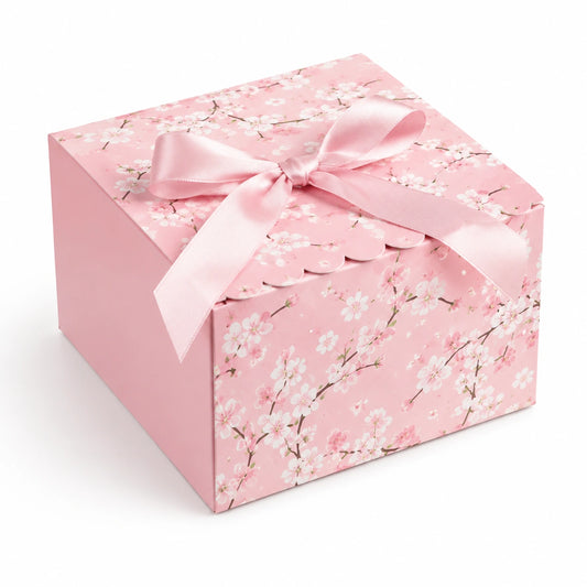 Scatola regalo 20 x 20 x 12 cm in cartone rosa con motivo floreale e nastro decorativo