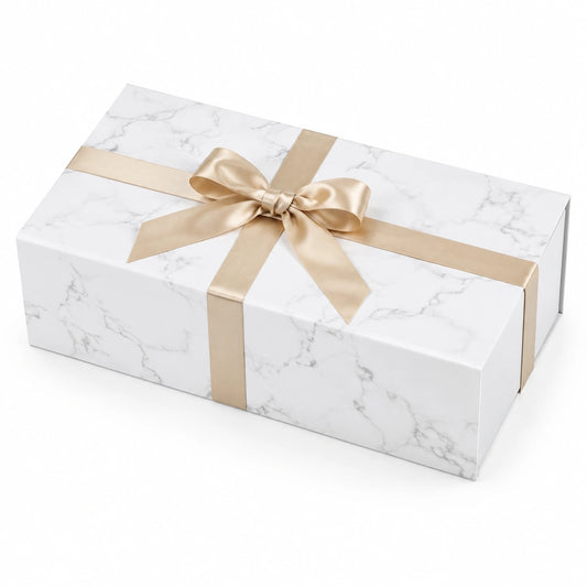 Scatola regalo 30 x 20 x 10 cm in cartone bianco effetto marmo con nastro dorato stile elegante