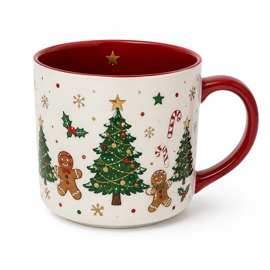 Tazza 0.45 L in ceramica bianca e rossa con manico - motivo festivo