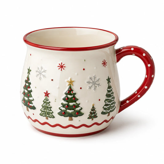 Tazza natalizia 12 cm in ceramica bianca e rossa con manico decorato