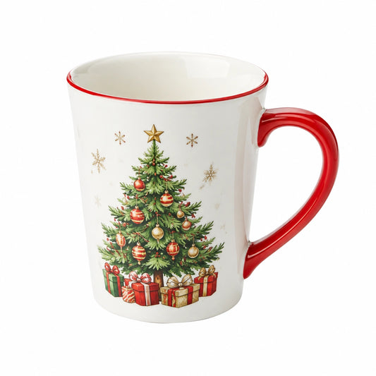 Tazza in ceramica 350 ml bianca rossa con albero decorato e manico