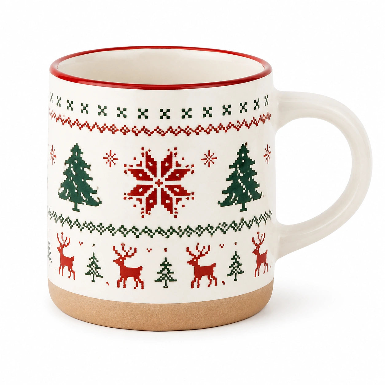 Tazza 9 x 10 cm in ceramica bianca con manico - motivo invernale rosso e verde